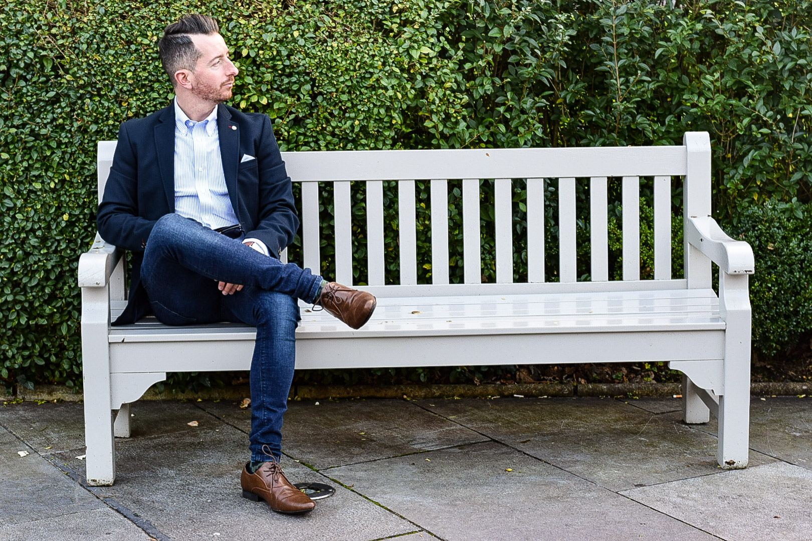 Navy Blazer, Pinstripe Shirt and Jeans